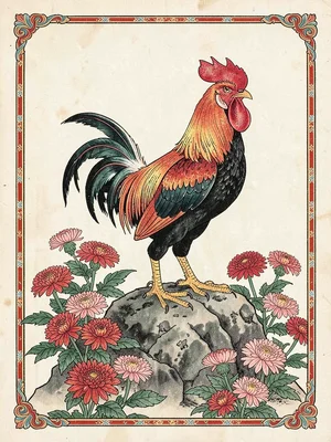 Rooster standing on a garden rock with chrysanthemums around its feet