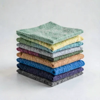 Vertical of a stack of folded felt squares in graduated tones