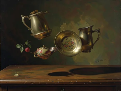 Classical still life but all objects floating 6 inches above table, shadows belo