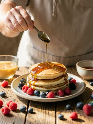 Person drizzling honey over a stack of fluffy pancakes, berries cascading off th