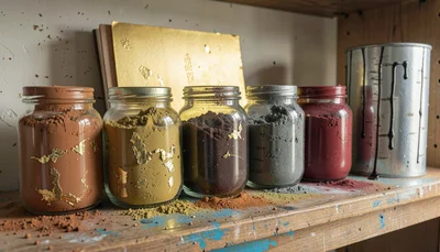 Layered mixed-media painting on wooden panel, Mediterranean studio light, earth 