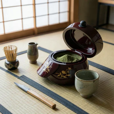 Natsume lacquer caddy with matcha powder