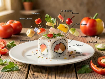 Sushi roll photo with exploded ingredient diagram, each component drawn and labe
