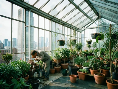 A rooftop greenhouse in a city, glass and steel, a figure watering plants, skyli