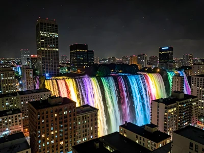 Cityscape at night, buildings databent into cascading waterfalls of color