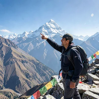 High altitude clarity of Kathmandu, Nepal, Trekking guide pointing to distant pe