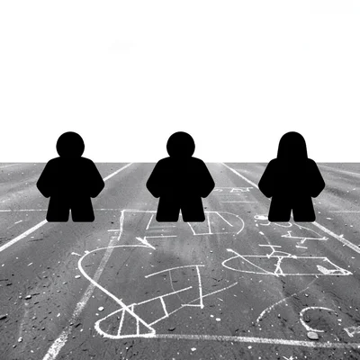 Banner-wide layout of three icon silhouettes evenly spaced across a chalk field