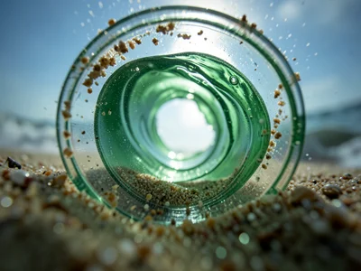 Inside a small shorebreak tube — close to the sand, low angle, with sand grains 