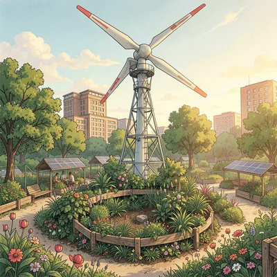 Spiral herb garden at the base of a wind turbine tower in an urban park