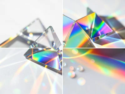 Overlapping spectral fans from three dichroic glass filters at different angles,