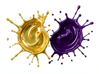 Two opposing waves of liquid paint colliding, gold versus deep purple, splash cr