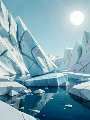 A tilted serac balances on a narrow base of polished blue ice, surrounded by sma
