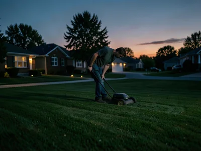 Person mowing a perfect lawn at twilight, ambient light from every direction, to