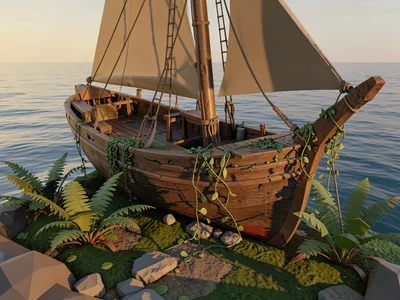 Sunken sailboat half-rotting on a mossy shore with faceted ferns growing from th