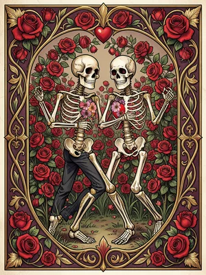A skeleton couple dancing in a garden of red roses, the bones rendered delicatel