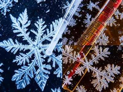Sugar crystals growing on a candy thermometer, geometric formations in amber syr