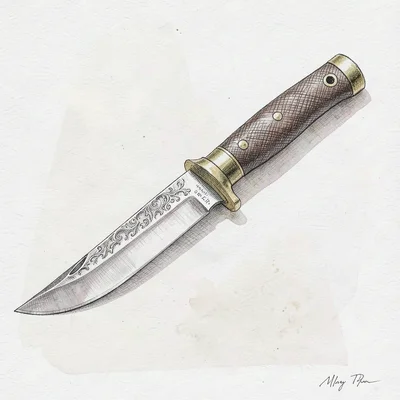 Pen-ink study of a finished knife with detailed edge and hatched handle wrap