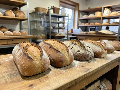 Bread from fresh loaf to stale to moldy in progression, bakery setting
