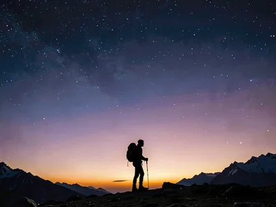 Single climber silhouette against the color zones of thinning atmosphere