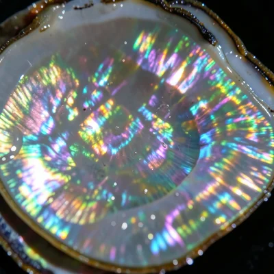 Pearlescent abalone shell interior, extreme macro, organic iridescence, wet surf