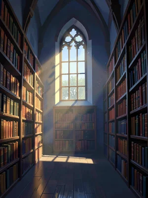 Lofty library hall with a single shaft of dawn light through high oriel window, 