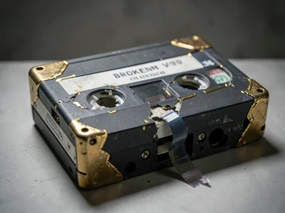 Broken VHS tape with magnetic ribbon spooling out, cassette shell gold-repaired 