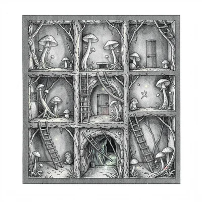 A fictional underground gnome warren cross-section with chamber rooms connected 