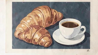 Gouache illustration, croissants and cafe au lait , opaque matte pigment, flat c