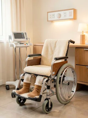 Wheelchair with sheepskin seat cover, warm socks on footrests, hygge mobility de