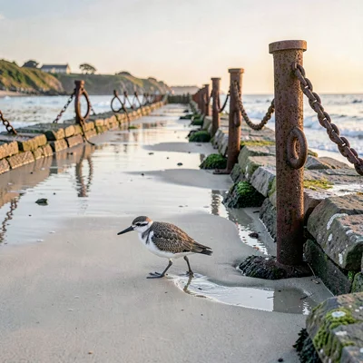 a Cornish stone causeway at low-tide dawn, mooring rings rusted, a single oyster