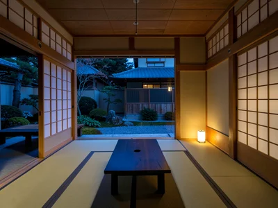 Tatami Room Open to Garden at Dusk
