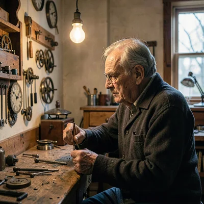 Lamp-lit portrait of an older clockmaker at his bench, single bulb hanging overh