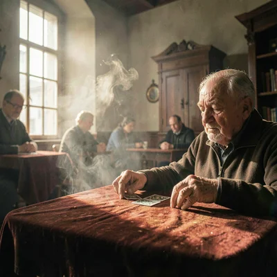 Humid atmospheric scene, Central European grandeur, Hands of an old man playing 