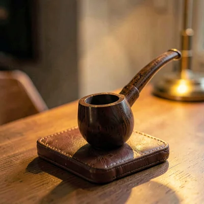 Warm still-life of a single pipe on a leather coaster, golden lamp light pooling