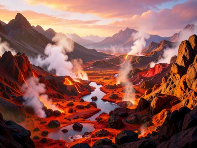 Volcanic landscape with steaming vents and orange-tinted rocky terrain