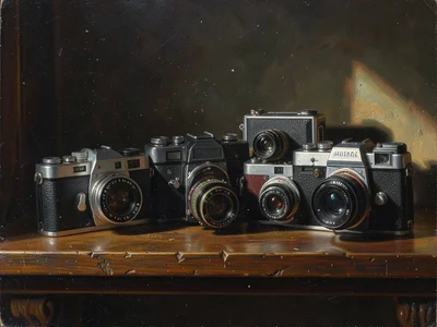 Vintage camera collection arranged on a wooden shelf, dust motes in light, nosta