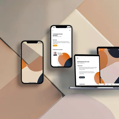 A brand-guidelines digital-applications spread with abstract phone, tablet, and