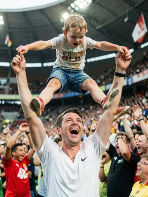 Stadium section celebrating: one man holding a small child above the crowd, both