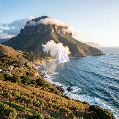 Cape Town mountain-sea duality, Table Mountain backdrop, white tablecloth cloud 