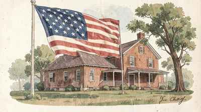 Casein illustration, American flag on farmhouse , milk-based paint, vintage matt