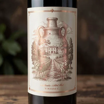 Wine label illustration, Ancient wine amphora , elegant estate scene, vineyard a