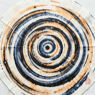 Suminagashi in black and orange inks, swirling dark patterns on water