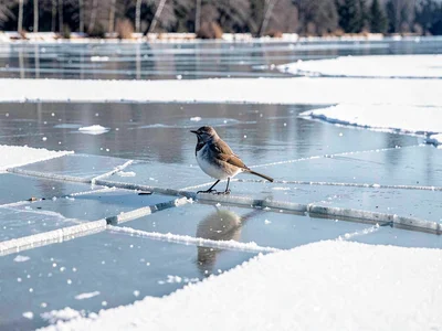 Bird standing on shrinking ice plate