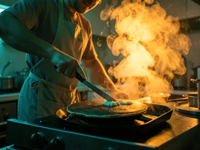 Cook flipping pancakes, the steam backlit, breakfast as blockbuster