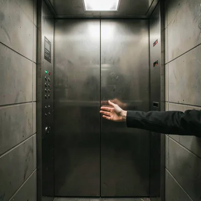 Elevator doors closing on someone's extended hand