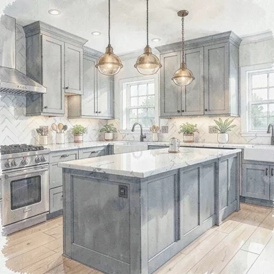 spec house kitchen with quartz counters, shaker cabinets, pendant lights