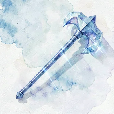 Glassy sapphire lowpoly halberd with a faceted axe head and slim blue shaft thro