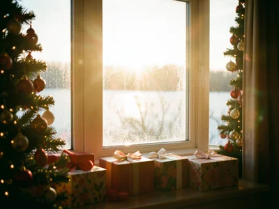 Christmas morning light streaming through frosty window onto presents