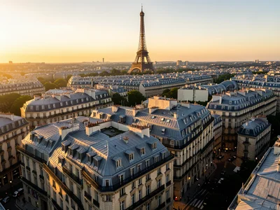Aerial view of Paris rooftops, Eiffel Tower visible in distance, golden hour