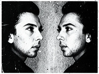 Two mirrored faces in profile with the space between them filled with static and